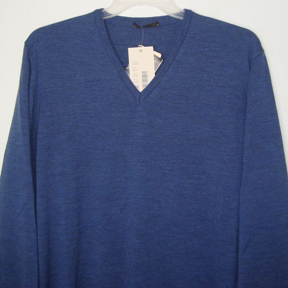 NWT COSE DI LANA Italia Mens Blue Extra Fine Merino Wool V-Neck Sweater Size XXL